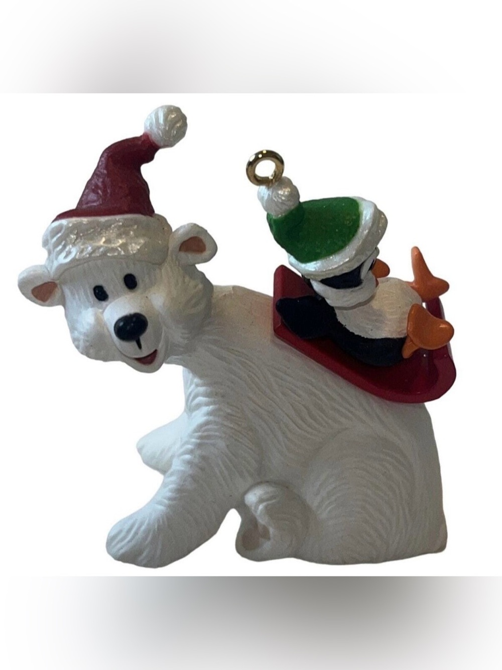 1995 Polar Coaster Hallmark Holiday Polar Bear Dog Ornament with Penguin Sitter